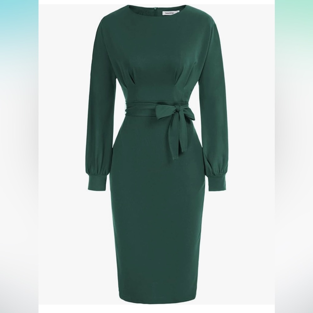 JASAMBAC Women's Pencil Dress with Pockets and Belt, dark green
